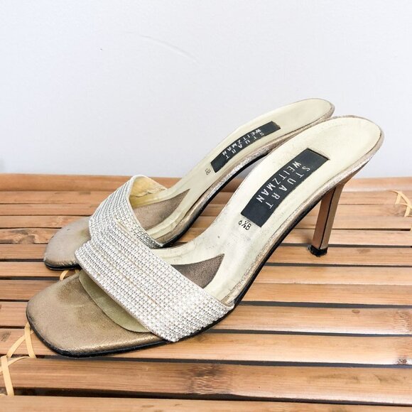 Stuart Weitzman Gold Rhinestone Sparkly Slip On Heels - Picture 1 of 9